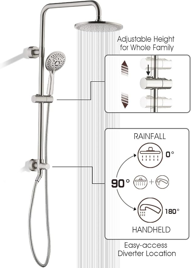 BRIGHT SHOWERS Rain Shower Heads System - 9 Inch Rainfall Shower Head and Handheld Shower Head with Height Adjustable Holder, Solid Brass Rail and 60" Long Stainless Steel Shower Hose, Brushed Nickel