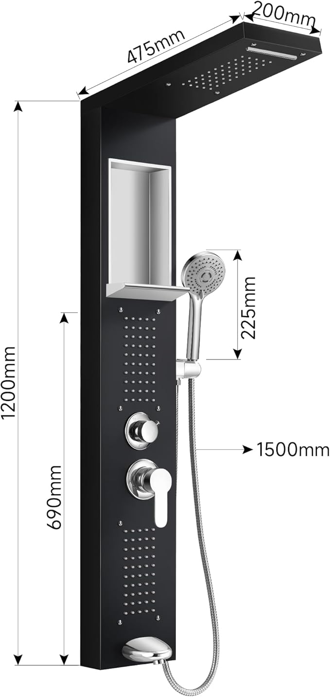 Shower Panel System, Multi-Function Shower Tower With 4 Body Spray, 5 Handheld Settings, Shelf & Adjustable Height, Rainfall + Waterfall Shower Head, Rain Massage Spa System
