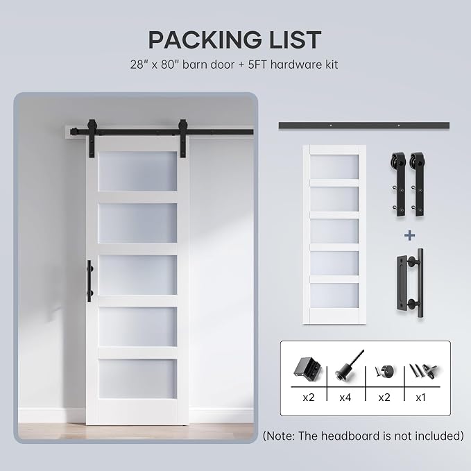 28x80 Inch Glass Sliding Barn Door Slab and 5ft Hardware Kit Included, 5 Frosted Glass, LVL Wood Panel Covered with White Water-Proof Scratch-Proof PVC Surface, Simple DIY Assembly