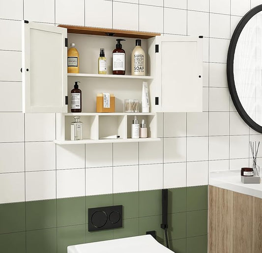 ChooChoo Bathroom Cabinet Wall Mounted 2-Door with 3 Open Shelves, Wooden Medicine Cabinets with Adjustable Shelf,Space Saver Storage Cabinets Over The Toilet for Bathroom&Living Room,White Brown