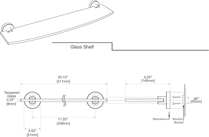 Gatco 4636 Glam Glass Shelf, 20 Inch, Chrome / Wall Mounted 20.13" X 5.50" Tempered Curved Glass Shelf