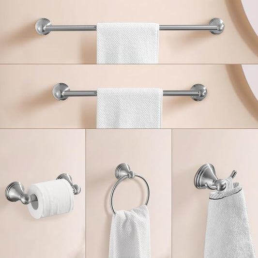 Sagetta Nickel Bathroom Hardware Set, 5-Piece Bath Accessories Set Wall Mount Includes 20 in Towel Bar, 16 in Towel Bar, Towel Ring, TP Holder, Towel Hook Brushed Nickel