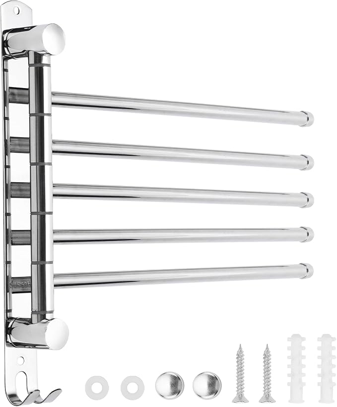 5 Arm Swivel Towel Bar - Heavy Duty SUS304 Stainless Steel Swing Towel Rack for Bathroom, 180° Rotation Wall Mount Towel Holder with Hook, Space-Saving Organizer for Kitchen, Laundry Room