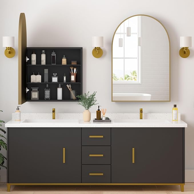 Medicine Cabinets for Bathroom, Gold Arched Medicine Cabinet Recessed or Surface Wall-Mounted,Modern Bathroom Vanity Mirror with Storage, Mirrored Cabinet with Adjustable Shelves,20x30 Inch