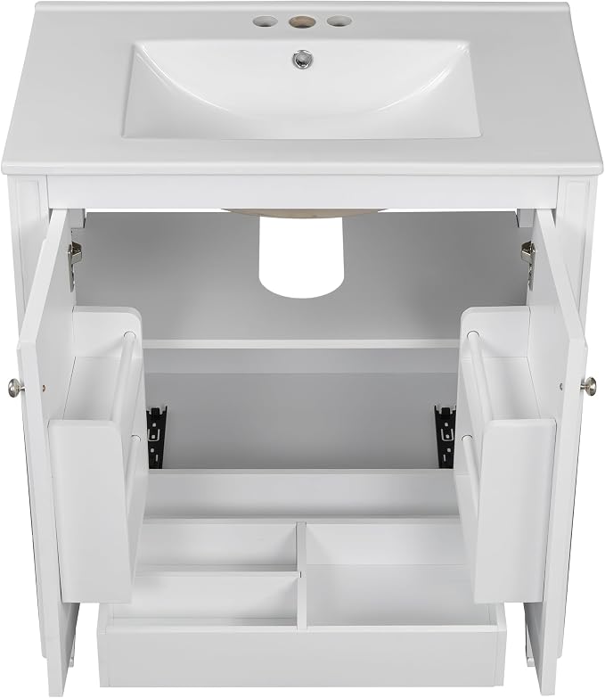 Christopher Knight Home Benton 30" Bathroom Vanity with Ceramic Sink, Rubberwood Frame, Adjustable Shelves, Soft Close Door Hinges, Storage Cabinet with 2-Tier Door Organizer, 1 Drawer, White
