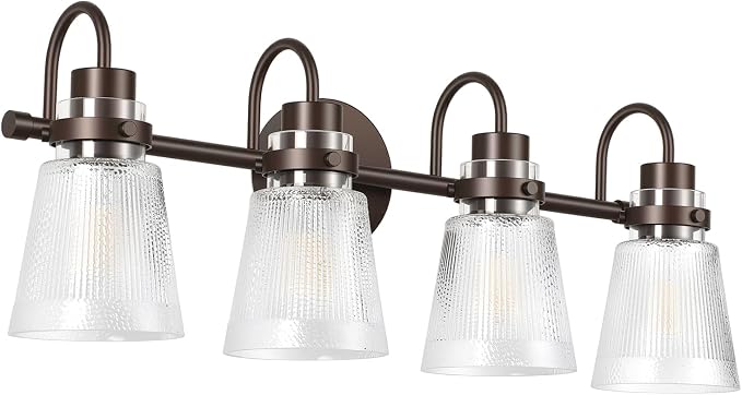 Vintage Farmhouse Vanity Wall Sconce Lighting, 4-Light Oil Rubbed Bronze Bathroom Vanity Light Over Mirror with Clear Striped Glass Shade, 25.7" Retro Wall Lamp for Bedroom Living Room