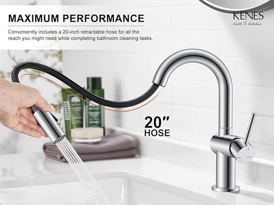 KENES Pull Out Bathroom Sink Faucet, Polished Chrome Single Handle Bathroom Faucet with Pull Down Sprayer, Vanity Bar Faucet with Pop Up Drain & Deck Plate, KE-9065B-5