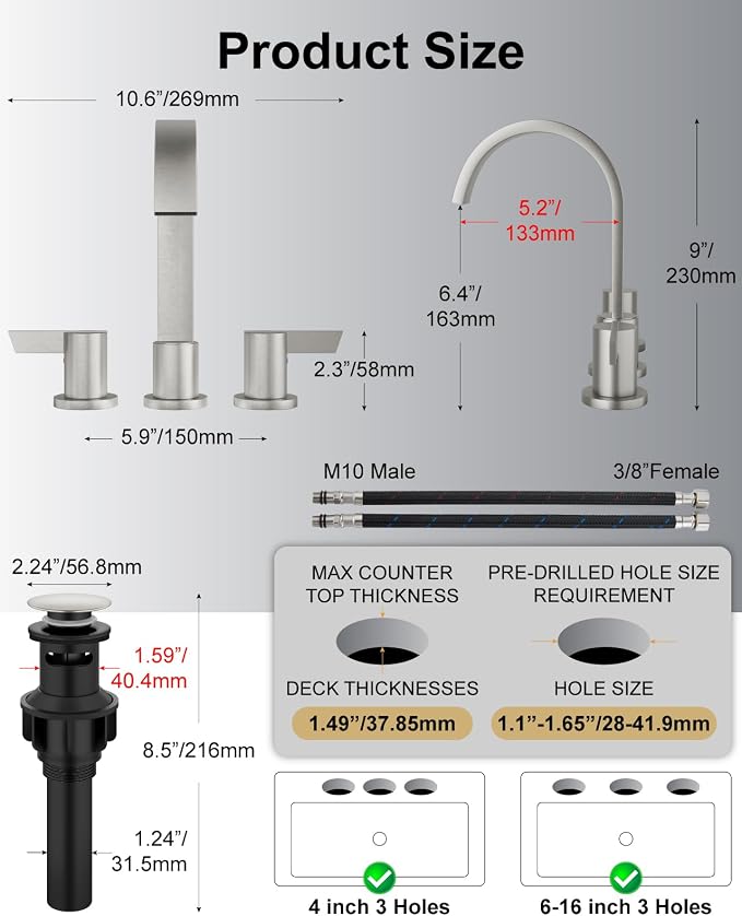 Brushed Nickel 3 Hole Bathroom Faucet,8" Widespread Vanity Faucet | 2 Handle Waterfall Bathroom Sink Faucet with Pop-Up Drain,Supply Lines,360° Swivel Spout,Lead-Free Stainless Steel,Deck Mount