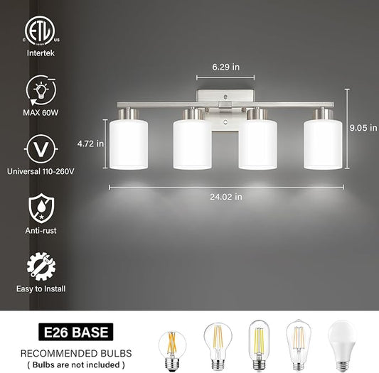 FonmYim Brushed Nickel Bathroom Light Fixtures Vanity Lights Over Mirror | Modern 4-Light lighting fixtures for bathroom with Milky White Frosted Glass Shades, E26 Socket (Bulbs Not Included)