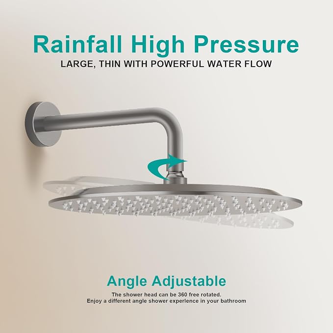 All Metal Rain Shower Head - Heavy Duty Stainless Steel, Easy Install, High Water Flow, Ultra-Thin Modern Design for Bathroom (Brushed Nickel, 12)