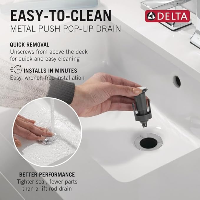 Delta Roe Centerset Chrome Bathroom Faucet, 4 Inch 3 Hole Bathroom Sink Faucet for Vanity, Push-Pop Drain Assembly, Chrome 25985LF