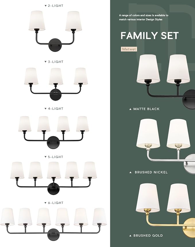 4-Light Matte Black Bathroom Vanity Light, White Fabric Shades | Ideal for 32-42" mirrors, 28" bathroom light fixtures over mirror, upward only, E26 base, bulbs not included, VL837-MB-4