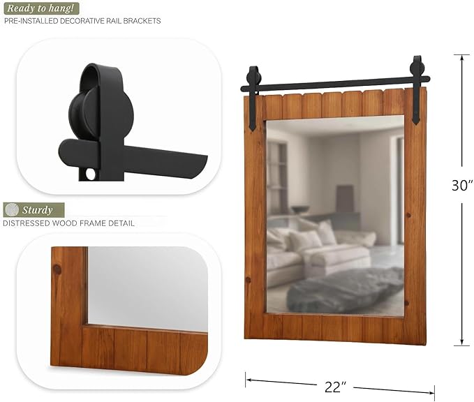 Besdomus Bathroom Rustic Wall Mirror: 22"x30" Brown Barn Door Solid Cedar Wood Frame Vanity Mirror - Wall Mounted Mirror for Hallway/Living Room/Bathroom - Farmhouse Decor for Fashion-Conscious