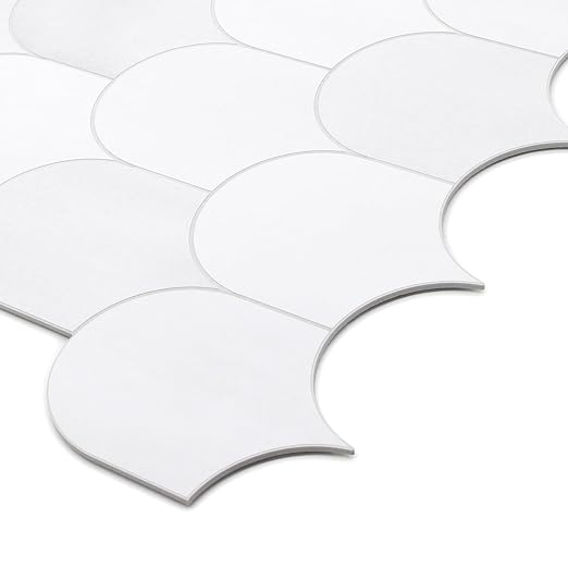 SUNWINGS 10-Sheet Fish Scale Peel and Stick Backsplash Tile, 11.4'' x 10.9" Stone Composite Scallop Handmade Looks Self-Adhesive Wall Tiles for Kitchen Bathroom, White Mixed
