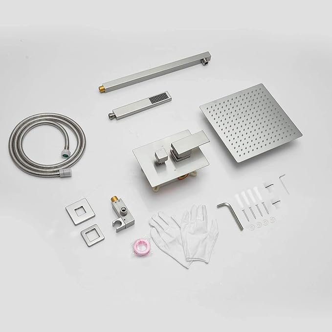 BWE 12 Inch Square Shower Head System 2-Functions Bathroom Luxury Rain Mixer Shower Combo Set Wall Mounted Rainfall Brushed Nickel Shower Faucet Rough-in Valve Body and Trim Included