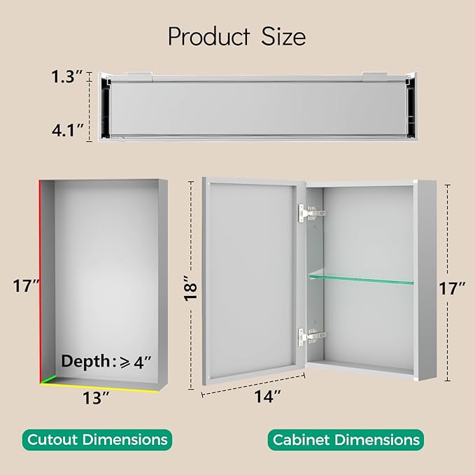 14 x 18 Medicine Cabinet Mirror, Mount or Recessed Bathroom Mirror with Storage, Aluminum Framed Medicine Cabinet with Adjustable Shelves for Bathroom Vanity Modern Farmhouse