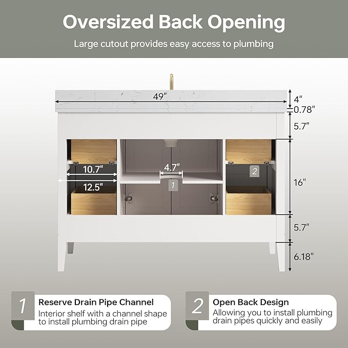 48 Inch Bathroom Vanity with Sink, Fully Assembled Solid Wood Bathroom Vanities with Engineered Stone Top, 48 Inch Modern Vanity, 2 Soft Closing Doors & 4 Dovetail Drawers, White