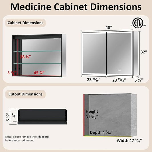 48x32 Inch Led Lighted Medicine Cabinet with Mirror, Recessed or Surface Mount Bathroom Medicine Cabinet, Anti-Fog, Adjustable Shelf, Dimmable Light, Outlets & USB, ETL Listed, Black