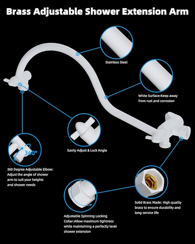 Hibbent All Metal High Pressure Rainfall 10'' Shower Head, Handheld Showerhead Combo, 12'' Adjustable Shower Extension Arm, 7-Spray, 71'' Hose, Adhesive Showerhead Holder, White