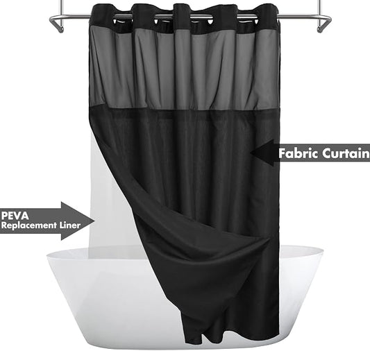 Extra Long No Hook Slub Textured Shower Curtain with Snap-in PEVA Liner Set - 71" x 98"(96"), Hotel Style with See Through Top Window, Black Fabric Curtain & Waterproof Liner, Black, 71x98 | 71W x 98H, Snap on/off Waterproof PEVA Liner, See Through Top...