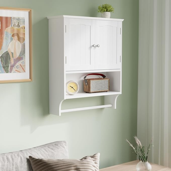 Smuxee White Bathroom Cabinet Wall Mounted with Towels Bar, Bathroom Medicine Cabinet with 2 Door Adjustable Shelves, Over Toilet Cabinet for Bathroom Laundry Room Kitchen