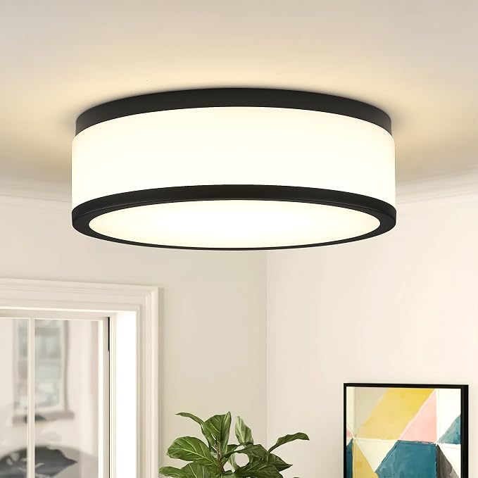 LED Flush Mount Ceiling Light, 15 inch, 24W Dimmable 3000K 4000K 5000K Matte Black Modern Round Ceiling Light Fixture for Kitchen, Hallway, Bathroom, Stairwell, LMS-054