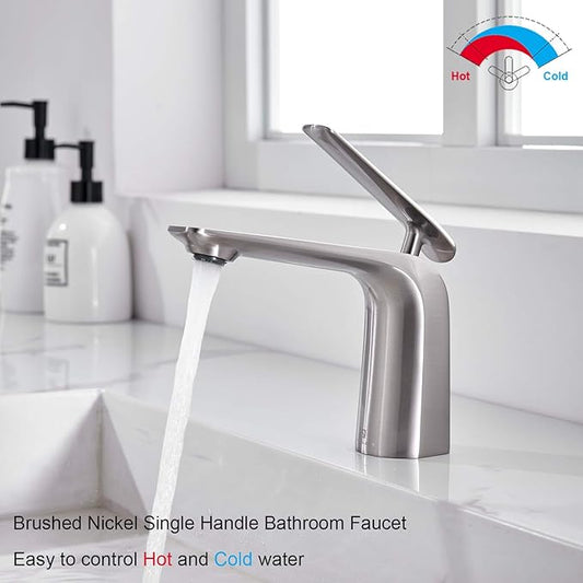 TOCALOCA 1 Handle Bathroom Faucet Brushed Nickel Sink Faucet, One Hole Bathroom Sink Faucet Modern Basin Mixer Taps, Premium Brass Vanity Faucet with Water Supply Hose