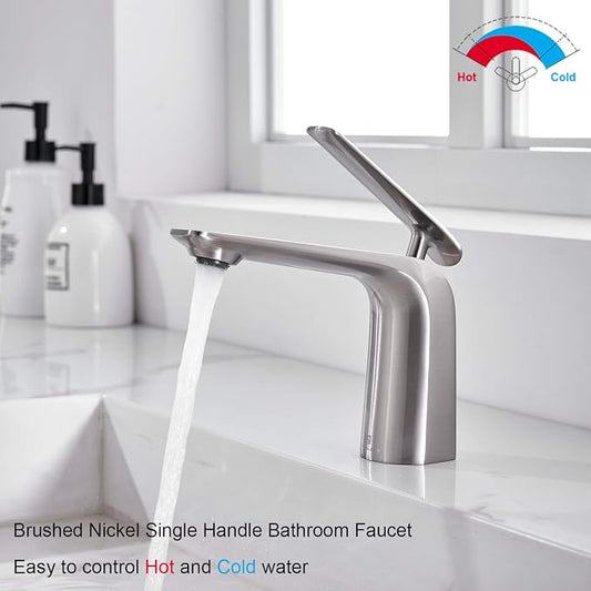TOCALOCA 1 Handle Bathroom Faucet Brushed Nickel One Hole Vanity Faucet | Anti-Fingerprint, Brass Material, Modern Vanity Sink Faucet for Bathroom Drop-in Sink, Hot and Cold Mixer, Quick Installation