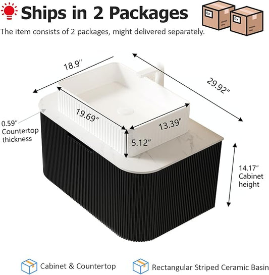 30'' Floating Bathroom Vanity with Sink, Solid Wood Modern Bathroom Vanities with Rectangular Ceramic Basin and Marble Top, Soft-Close Design, Large Storage Drawer, Pre-Assembled Cabinet, Gloss Black