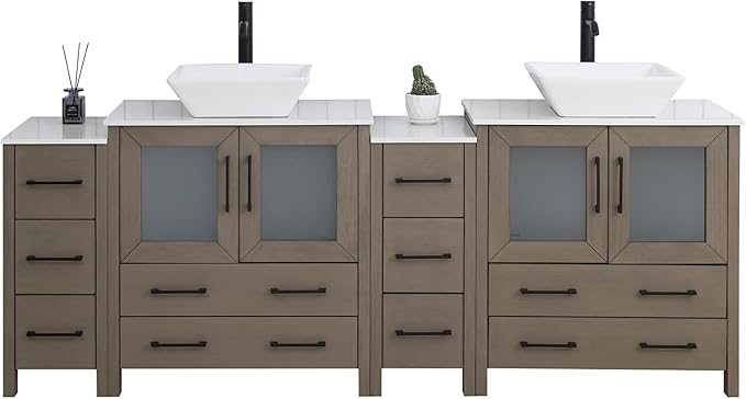 Vanity Art 84 Inch Vessel Double Sink Bathroom Vanity Cabinet with 2 Mirrors, Engineered Marble Top Bathroom Cabinet Compact Set with 10 Dovetail Drawers and Soft Closing Doors, VA3130-84DG