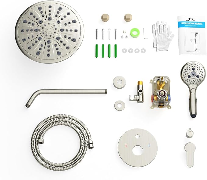 SunCleanse Brushed Nickel 8.5'' Shower System w/Handheld & Valve Kit | 2-IN-1 Shower Faucet Set, 7-setting Handheld Shower Head, Rough-in Pressure-balanced Valve and Trim Kit