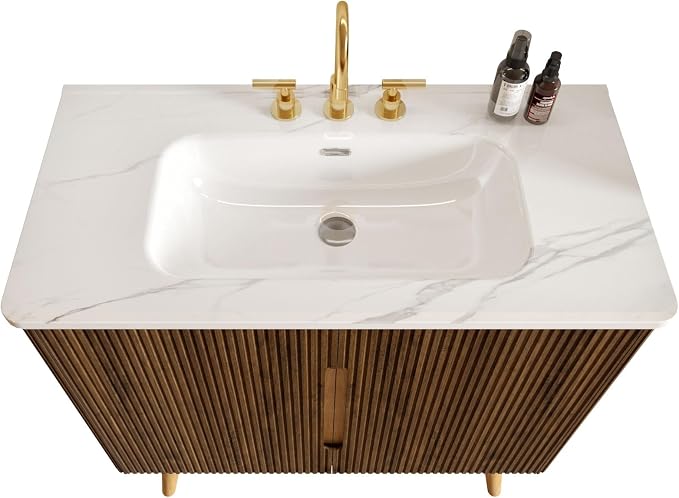 36" Modern Bathroom Vanity with Sink, Mid Century Modern Walnut Bathroom Cabinet with Carrara Marble Finish Sink, Doors, Large Storage with Adjustable Shelf