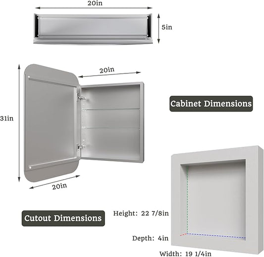 20x31 Bathroom Medicine Cabinet with Mirror,Aluminum Alloy Frame with Mirror Side Panels,Surface or Recessed Medicine Cabinet with Adjustable Shelves,Assembly Required,Rounded Corner