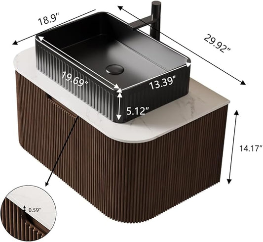Yayzy 30" Floating Bathroom Vanity with Sink, Solid Wood Fluted Cabinet, Black Fluted Oval Ceramic Basin & Faux Marble Top, Soft-Close Drawer, Pre-Assembled, Walnut Woodgrain