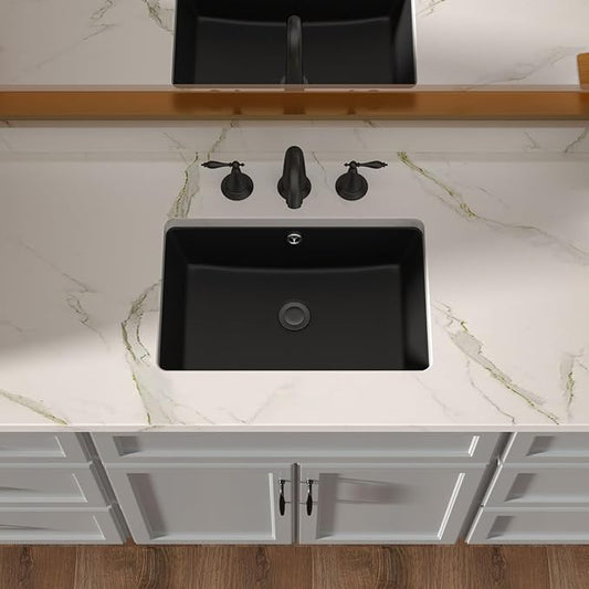 Lordear Black Undermount Bathroom Sink 18x12 Inch Black Bathroom Sinks Vanity Undermount Rectangle Porcelain Ceramic Sinks Under Counter Lavatory Sink Basin with Overflow
