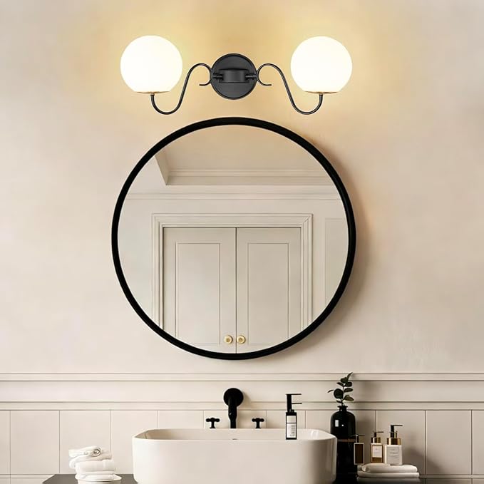 Vintage Matte Black Bathroom Vanity Light Fixtures Over Mirror 2 Lights | Vanity Lights For Bathroom With Milk Glass Shade,Medieval Court Style Wall light For Bedroom,DressingTable,Hallway,G9 Incl
