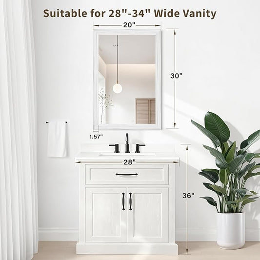 White Wood Effect Framed Wall Mirror, 20x30 Rectangle Mirror, 1/8" Anti-desilvering Tempered Glass, Sustainable& Sturdy Frame, Anti-Rust, HD Reflection &3min Fast Setup for Bathroom Living Room