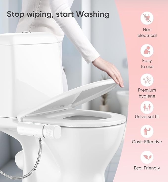 2PCS Ultra-Slim Bidet Attachment, Posterior&Feminine Wash-(Retractable Dual Nozzles), Non-Electric Bidet Attachment for Toilet Seat, Adjustable Fresh Cold Water Pressure, Stainless Steel Inlet (White)