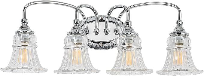 4-Light Vintage Bathroom Light Fixtures, Chrome | Vanity Lights Over Mirror with Floral Glass Shade for Bathroom Powder Room, Living Room Hallway