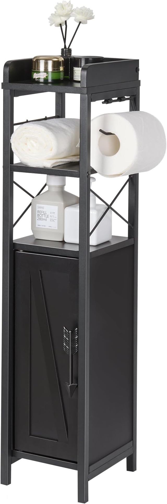 VECELO Small Bathroom Storage Cabinet, Slim Toilet Paper Holder with Shelves & Metal Racks, Organizer Cabinet for Narrow Spaces, Matte Black, Farmhouse Style