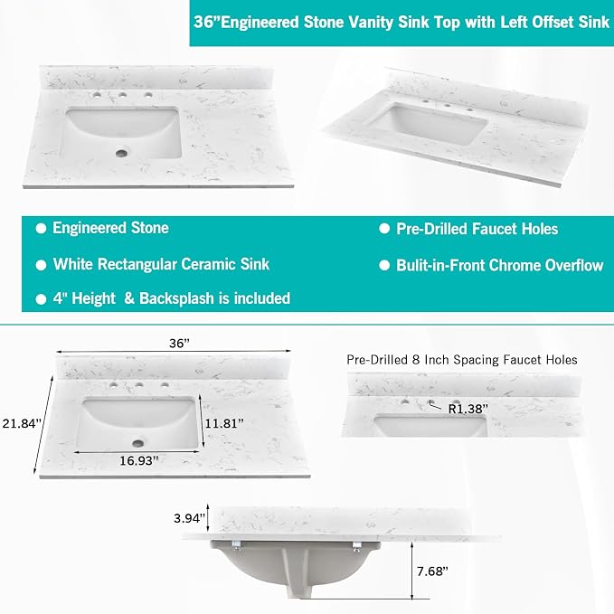 36"x22" Engineered Stone Bathroom Vanity Top with Rectangular Undermount Ceramic Left Offset Sink, 8 Inch Faucet Hole Spread with Backsplash Bathroom Vanity Sink Top (Cabinet Not Included)