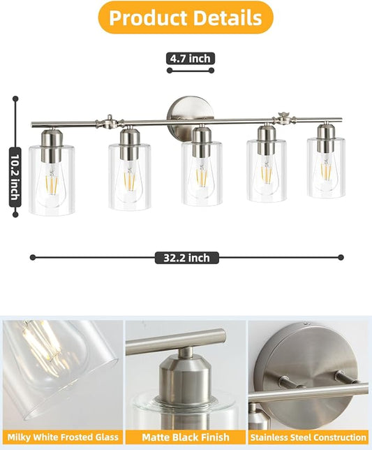 5-Light Bathroom Light Fixtures, Brushed Nickel Vanity Lights for Bathroom