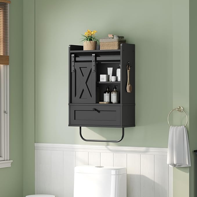 Bathroom Wall Cabinet, Farmhouse Medicine Cabinets with Sliding Door, Wall Mounted Storage Cabinet with Adjustable Shelf and Towel Bar, for Bathroom, Living Room, Kitchen, Black