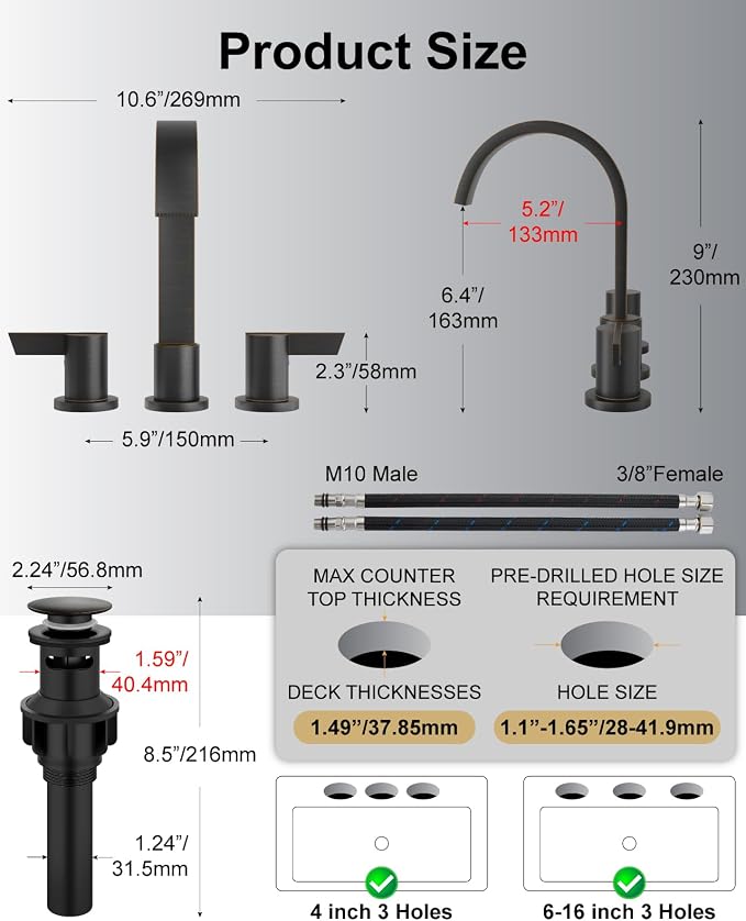 Bronze 3 Hole Bathroom Faucet,8" Widespread Vanity Faucet | 2 Handle Waterfall Bathroom Sink Faucet with Pop-Up Drain,Supply Lines,360° Swivel Spout,Lead-Free Stainless Steel,Deck Mount