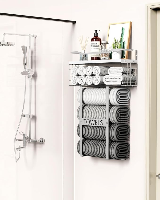 Towel Racks for Bathroom Wall Mounted - Bath Wall Towel Holder Set Above Toilet Storage, Rolled Towel Shelf Organizer for Small Bathroom, Wood Vertical Towel Rack for Bathroom Wall Decor Silver | Towel Storage with Wood Shelf & Metal Basket,Fit for Sma...