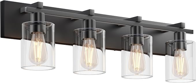 Bathroom Vanity Light,4 Light Matte Black Light Fixture with Thickened Clear Glass Shade, 30 inch Modern Wall Sconce, Bathrooms Vanity Light Over Mirror for Bathroom