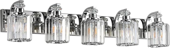 Chrome Bathroom Light Fixtures with K9 Crystal Lampshade Bathroom Lighting Over Mirror Vanity Lights for Living Room,Bedroom,Restroom,Hallway 5 Lights