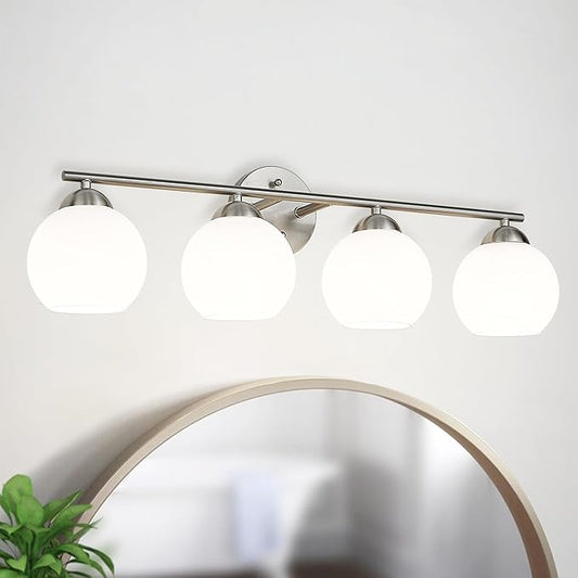 Emak Modern Brushed Nickel Vanity Light, 29 Inch Globe Bathroom Light Fixtures Over Mirror, 4 Light Bathroom Vanity Light with Milk Glass, VL114-BN-ML-4