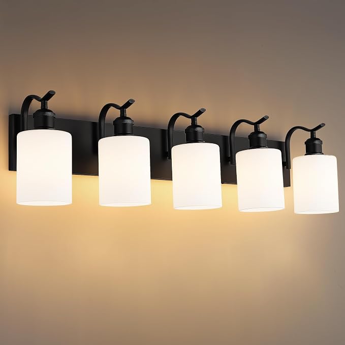 5-Light 34 Inch Bathroom Vanity Light,White Frosted Glass,Black | Black,Over Mirror Wall Light,E26 sockets,for bathroom mirror,powder room,dressing area,wall-mounted vanity lighting