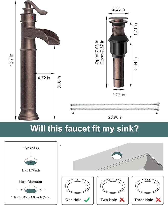 BWE Vessel Sink Faucet Waterfall Antique Copper Single Hole with Pop Up Drain Stopper Without Overflow and Supply Lines One Handle Vanity Basin Bath Sink Mixer Tap